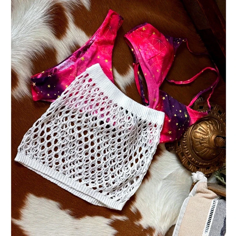 White Crochet Fishnet Swim Cover Up Skirt XS Bikini Cover Beach Pool‎ Resort